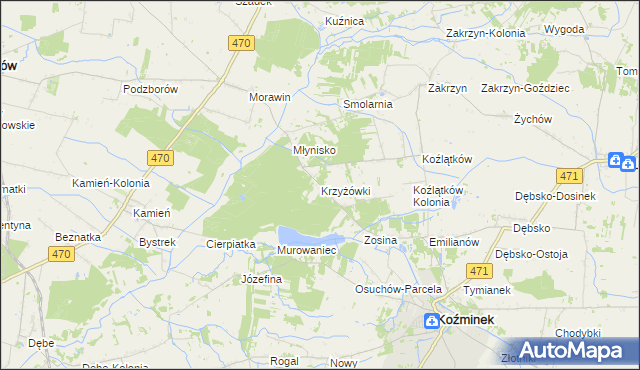 mapa Krzyżówki gmina Koźminek, Krzyżówki gmina Koźminek na mapie Targeo