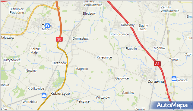 mapa Księginice gmina Kobierzyce, Księginice gmina Kobierzyce na mapie Targeo