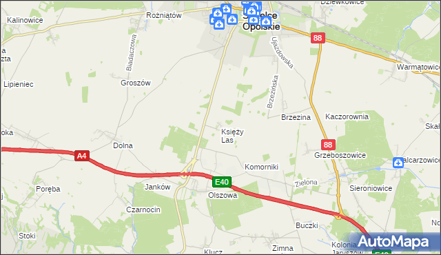 mapa Księży Las gmina Ujazd, Księży Las gmina Ujazd na mapie Targeo