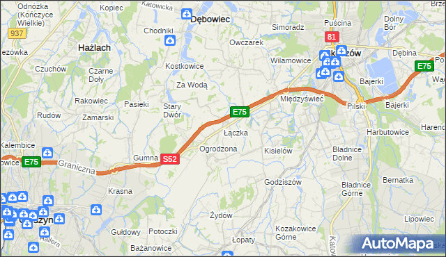 mapa Łączka gmina Dębowiec, Łączka gmina Dębowiec na mapie Targeo