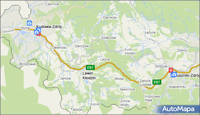 mapa Leśna gmina Lewin Kłodzki, Leśna gmina Lewin Kłodzki na mapie Targeo