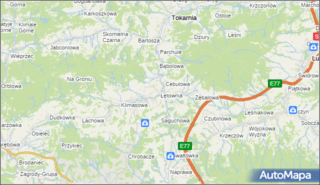 mapa Łętownia gmina Jordanów, Łętownia gmina Jordanów na mapie Targeo