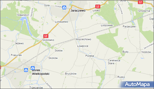 mapa Łowęcice gmina Jaraczewo, Łowęcice gmina Jaraczewo na mapie Targeo