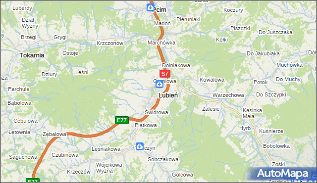 mapa Lubień powiat myślenicki, Lubień powiat myślenicki na mapie Targeo