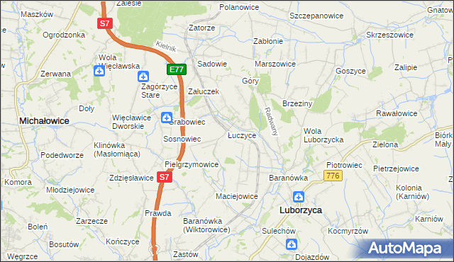mapa Łuczyce gmina Kocmyrzów-Luborzyca, Łuczyce gmina Kocmyrzów-Luborzyca na mapie Targeo