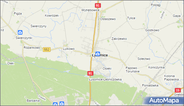 mapa Łysomice powiat toruński, Łysomice powiat toruński na mapie Targeo