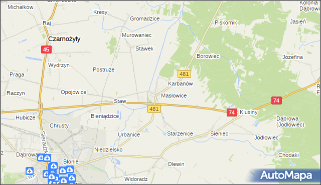 mapa Masłowice gmina Wieluń, Masłowice gmina Wieluń na mapie Targeo