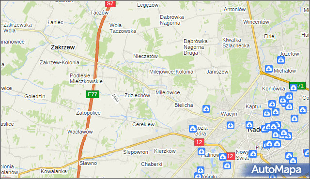mapa Milejowice gmina Zakrzew, Milejowice gmina Zakrzew na mapie Targeo