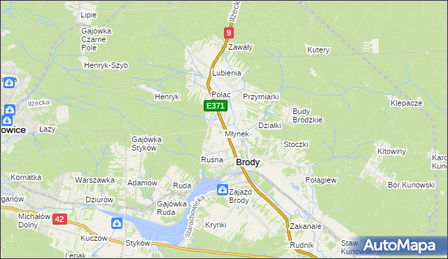 mapa Młynek gmina Brody, Młynek gmina Brody na mapie Targeo