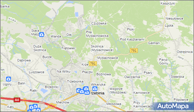 mapa Myślachowice, Myślachowice na mapie Targeo