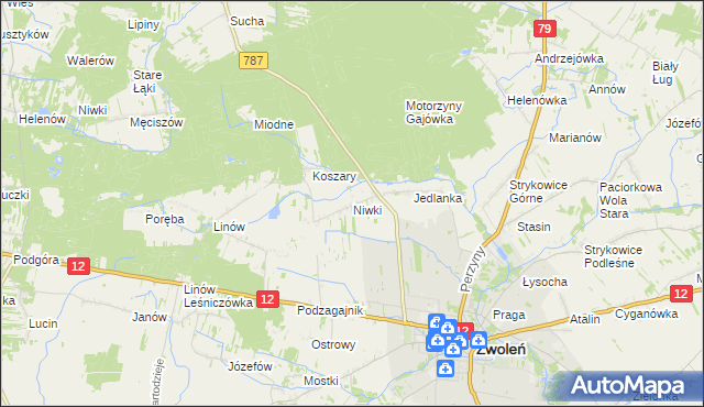 mapa Niwki gmina Zwoleń, Niwki gmina Zwoleń na mapie Targeo