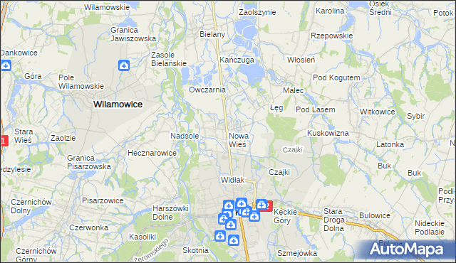 mapa Nowa Wieś gmina Kęty, Nowa Wieś gmina Kęty na mapie Targeo