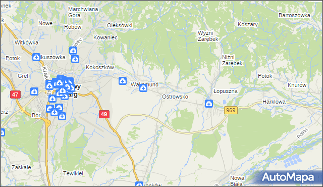 mapa Ostrowsko gmina Nowy Targ, Ostrowsko gmina Nowy Targ na mapie Targeo