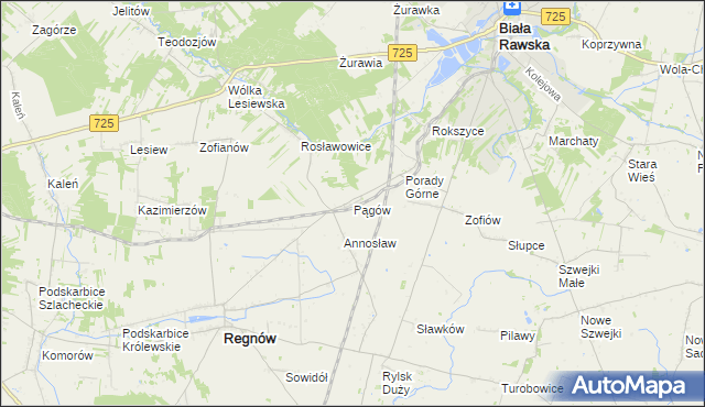 mapa Pągów gmina Biała Rawska, Pągów gmina Biała Rawska na mapie Targeo