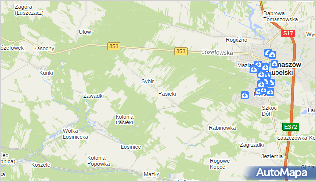 mapa Pasieki gmina Tomaszów Lubelski, Pasieki gmina Tomaszów Lubelski na mapie Targeo