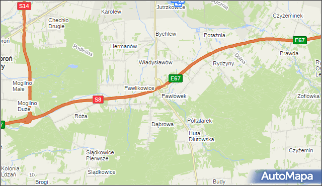 mapa Pawłówek gmina Dłutów, Pawłówek gmina Dłutów na mapie Targeo