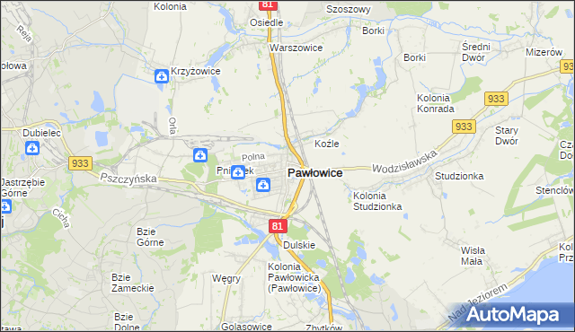 mapa Pawłowice powiat pszczyński, Pawłowice powiat pszczyński na mapie Targeo