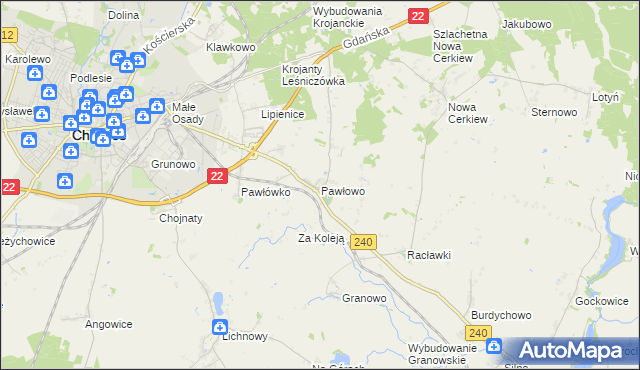 mapa Pawłowo gmina Chojnice, Pawłowo gmina Chojnice na mapie Targeo