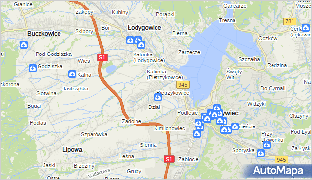 mapa Pietrzykowice gmina Łodygowice, Pietrzykowice gmina Łodygowice na mapie Targeo