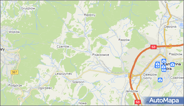 mapa Pisarzowice gmina Kamienna Góra, Pisarzowice gmina Kamienna Góra na mapie Targeo