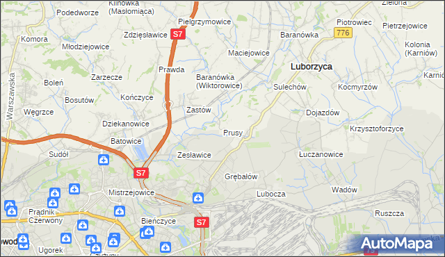 mapa Prusy gmina Kocmyrzów-Luborzyca, Prusy gmina Kocmyrzów-Luborzyca na mapie Targeo