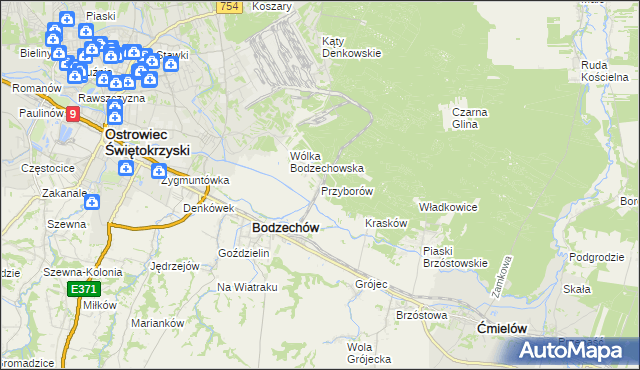 mapa Przyborów gmina Bodzechów, Przyborów gmina Bodzechów na mapie Targeo