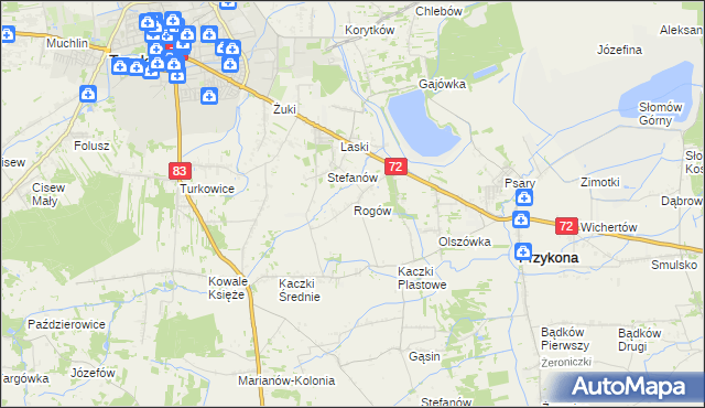 mapa Rogów gmina Przykona, Rogów gmina Przykona na mapie Targeo