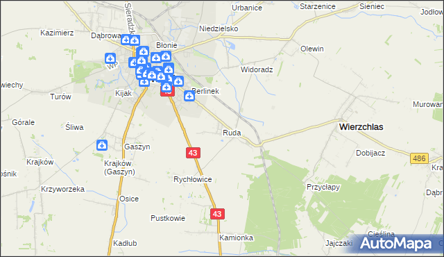 mapa Ruda gmina Wieluń, Ruda gmina Wieluń na mapie Targeo