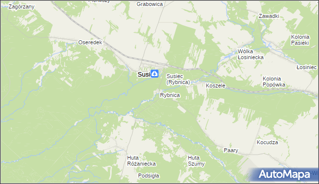 mapa Rybnica gmina Susiec, Rybnica gmina Susiec na mapie Targeo