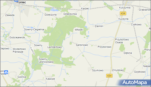 mapa Sarbinowo gmina Poniec, Sarbinowo gmina Poniec na mapie Targeo