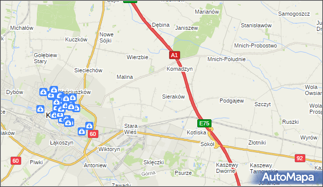 mapa Sieraków gmina Kutno, Sieraków gmina Kutno na mapie Targeo