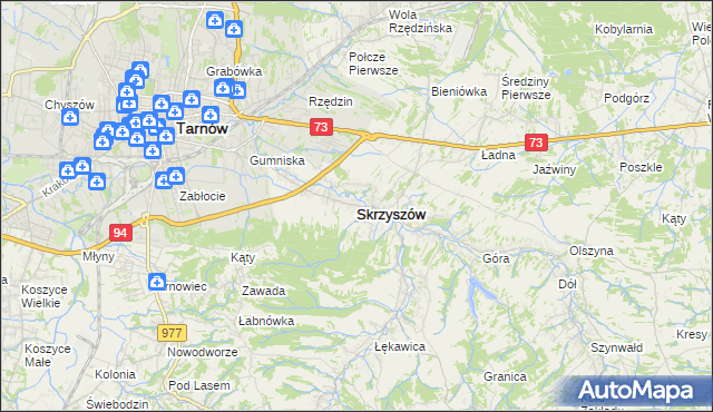 mapa Skrzyszów powiat tarnowski, Skrzyszów powiat tarnowski na mapie Targeo