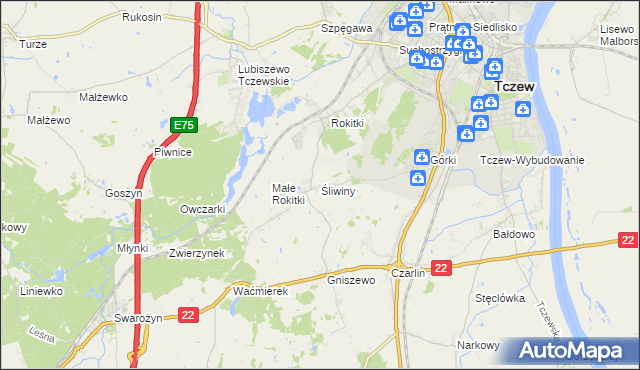 mapa Śliwiny gmina Tczew, Śliwiny gmina Tczew na mapie Targeo