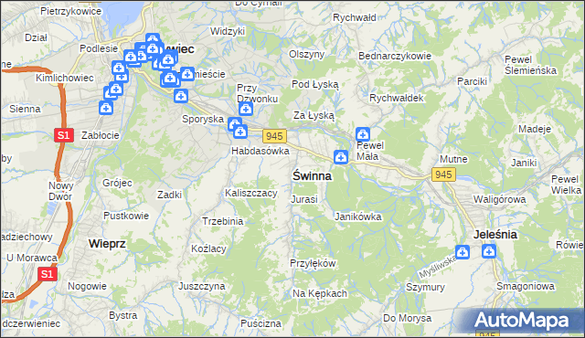 mapa Świnna powiat żywiecki, Świnna powiat żywiecki na mapie Targeo