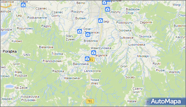 mapa Targanice, Targanice na mapie Targeo