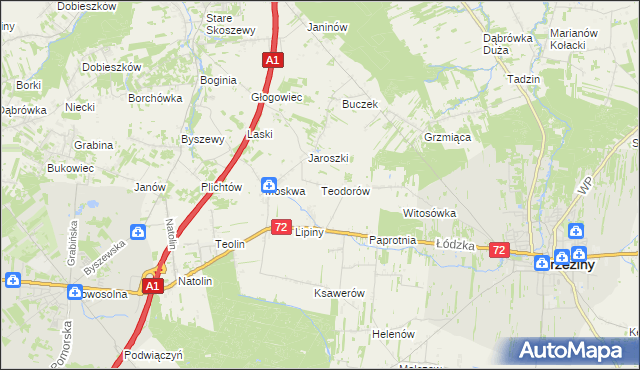 mapa Teodorów gmina Brzeziny, Teodorów gmina Brzeziny na mapie Targeo