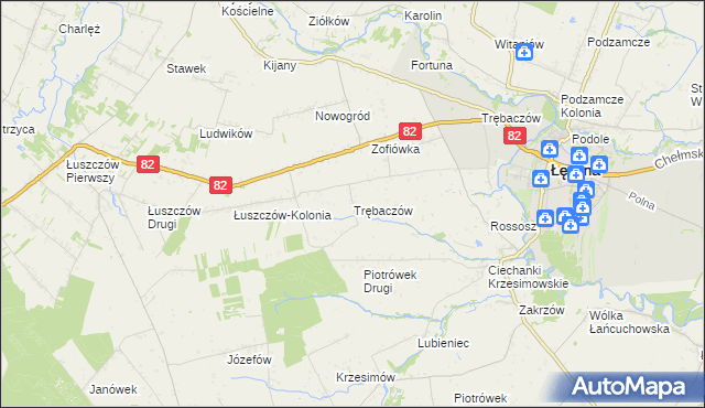mapa Trębaczów gmina Łęczna, Trębaczów gmina Łęczna na mapie Targeo