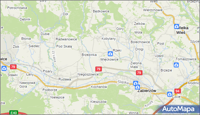 mapa Więckowice gmina Zabierzów, Więckowice gmina Zabierzów na mapie Targeo
