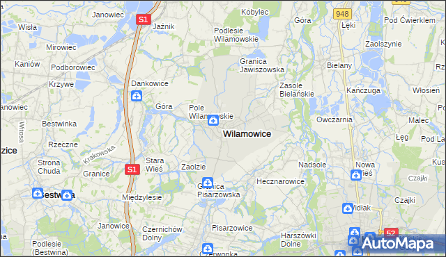 mapa Wilamowice powiat bielski, Wilamowice powiat bielski na mapie Targeo