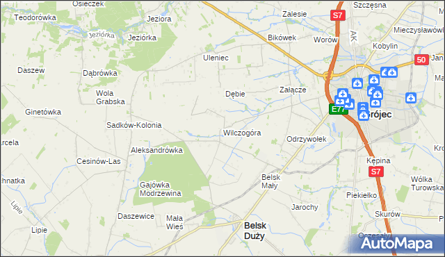 mapa Wilczogóra gmina Belsk Duży, Wilczogóra gmina Belsk Duży na mapie Targeo