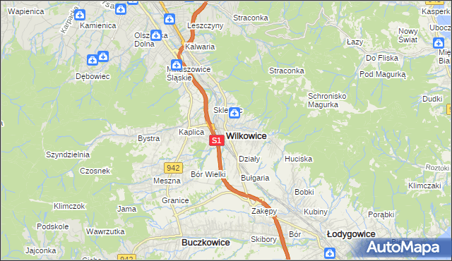 mapa Wilkowice powiat bielski, Wilkowice powiat bielski na mapie Targeo