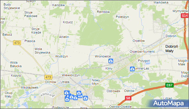 mapa Wronowice gmina Łask, Wronowice gmina Łask na mapie Targeo
