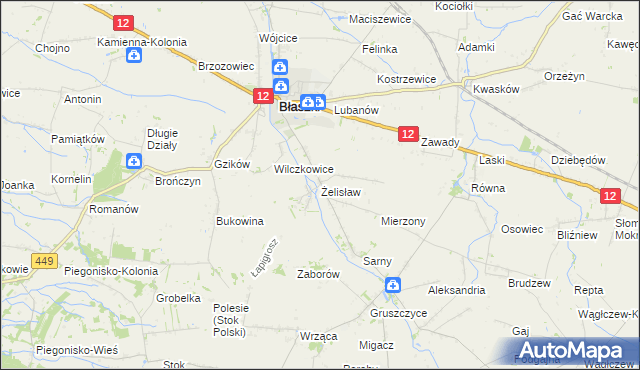 mapa Żelisław gmina Błaszki, Żelisław gmina Błaszki na mapie Targeo