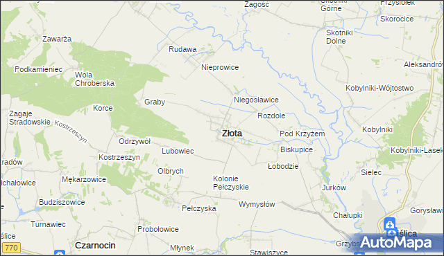 mapa Złota powiat pińczowski, Złota powiat pińczowski na mapie Targeo