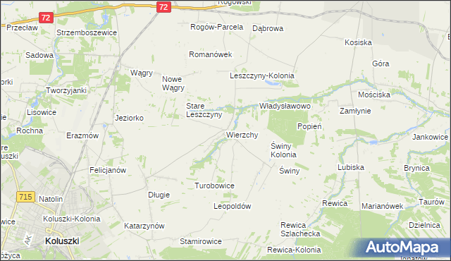 mapa Wierzchy gmina Koluszki, Wierzchy gmina Koluszki na mapie Targeo
