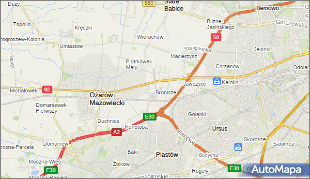 mapa Bronisze gmina Ożarów Mazowiecki, Bronisze gmina Ożarów Mazowiecki na mapie Targeo