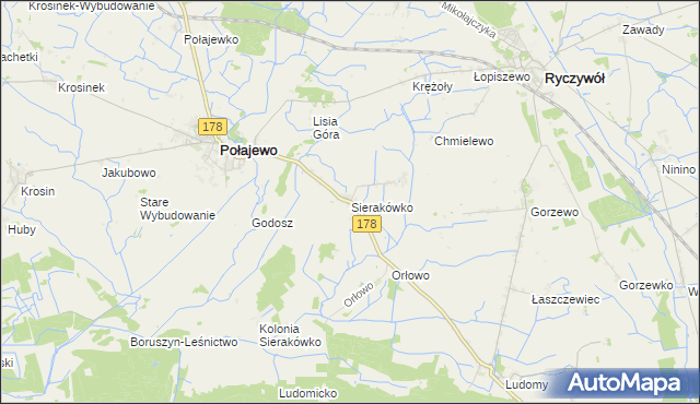 mapa Sierakówko gmina Połajewo, Sierakówko gmina Połajewo na mapie Targeo
