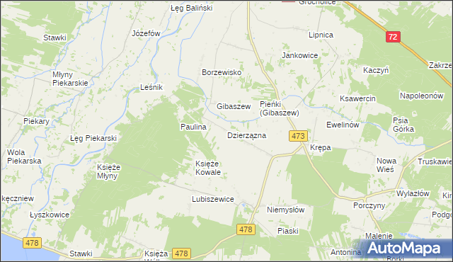 mapa Dzierzązna gmina Poddębice, Dzierzązna gmina Poddębice na mapie Targeo
