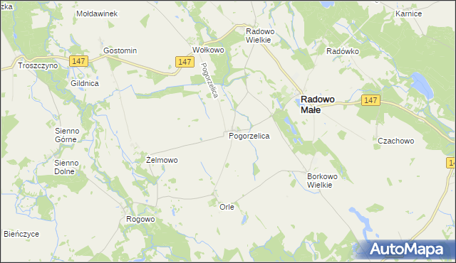 mapa Pogorzelica gmina Radowo Małe, Pogorzelica gmina Radowo Małe na mapie Targeo