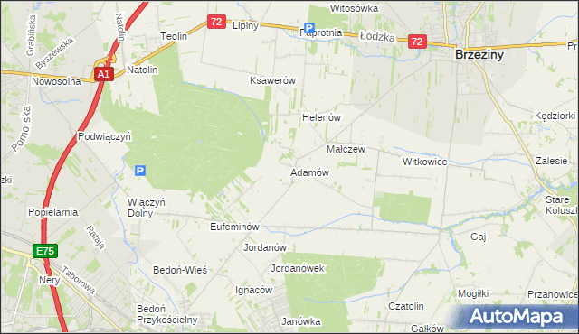 mapa Adamów gmina Brzeziny, Adamów gmina Brzeziny na mapie Targeo